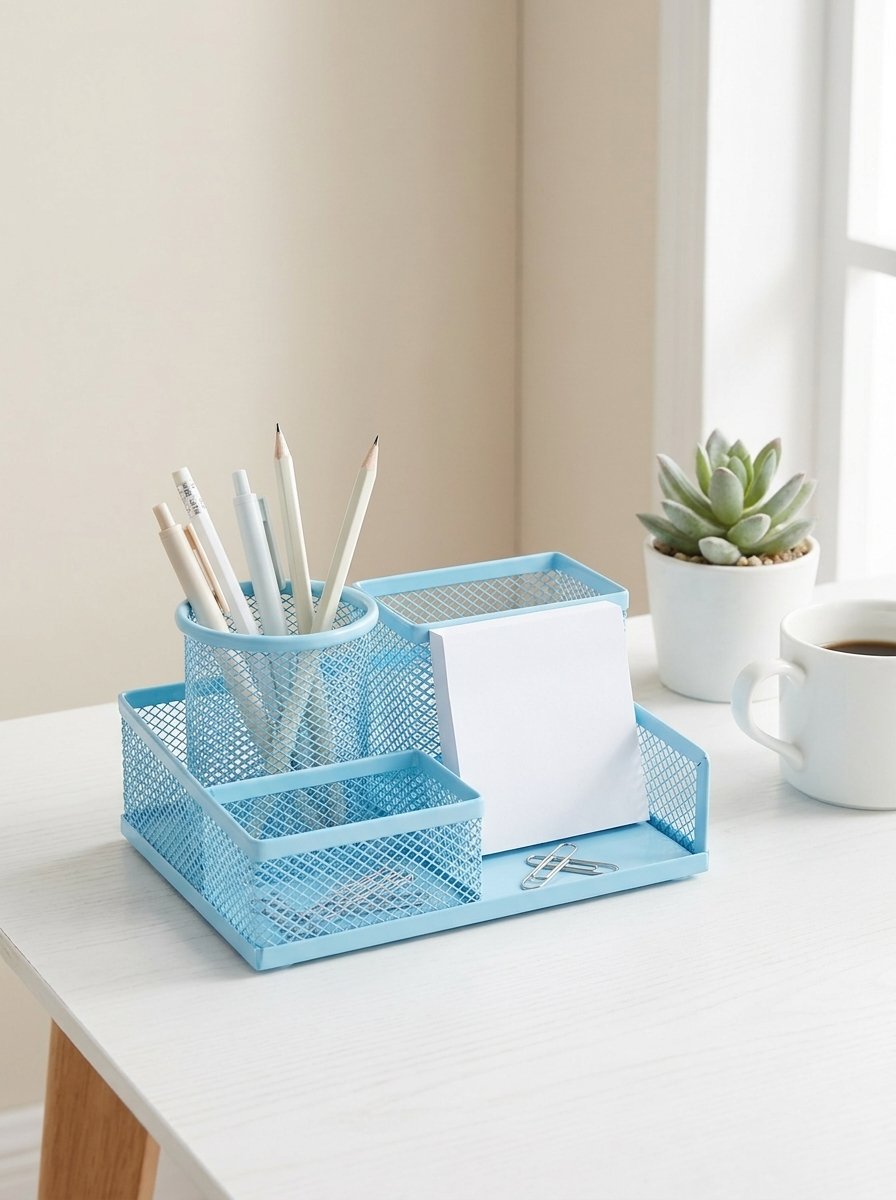 Light Blue Wire Mesh Desk Organizer - 3-Compartment Pen Holder & Office Caddy