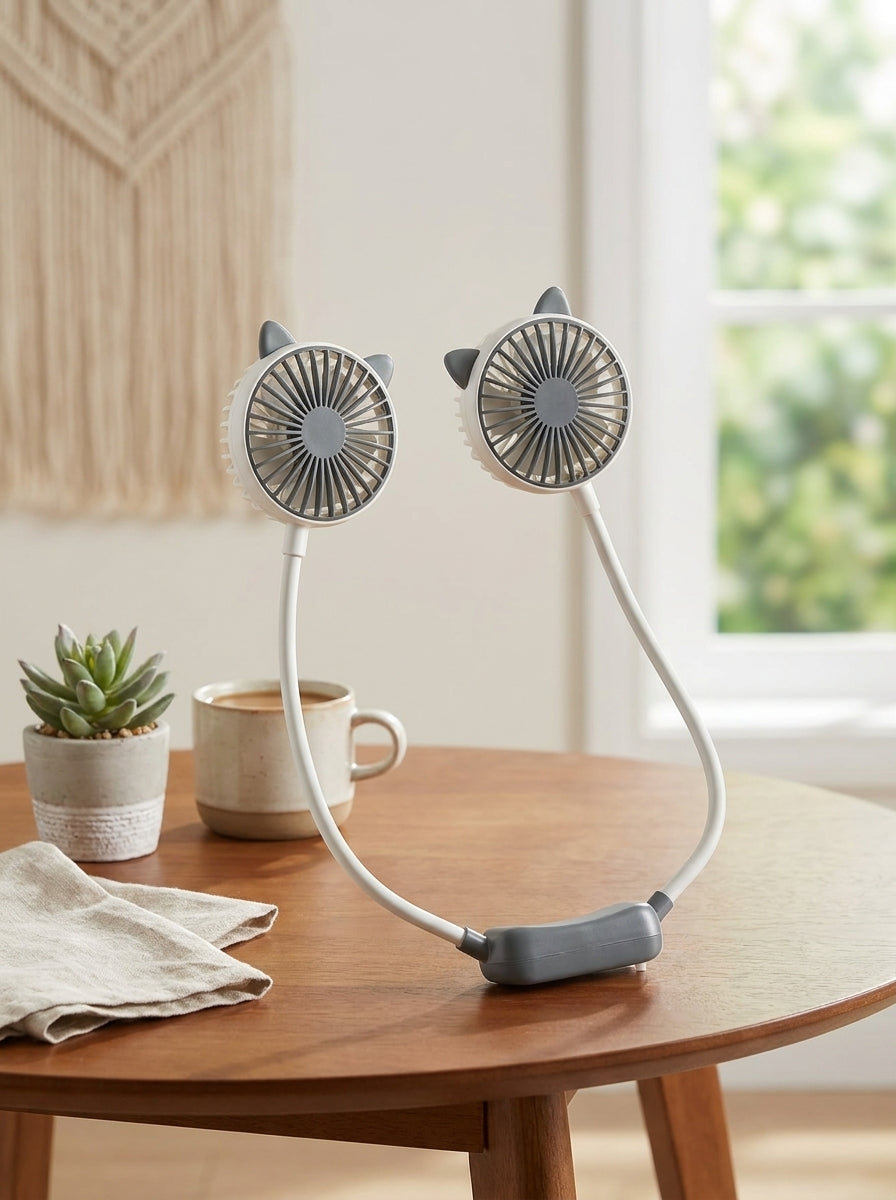 Cute Cat Ear Wearable Neck Fan – Hands-Free Portable Dual Cooling Fan