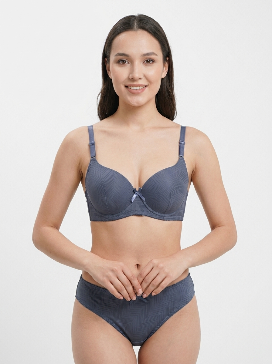 Chevron Textured Lingerie Set – Matching Underwire Bra and Lace-Trim Briefs