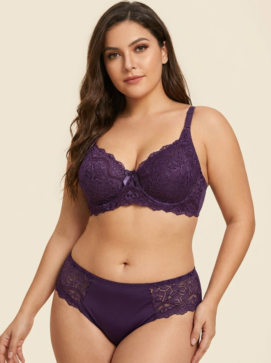 Women's Lace Underwire Bra and Matching Panty Lingerie Set – Sheer Leaf Motif Bralette &amp; Briefs&nbsp;