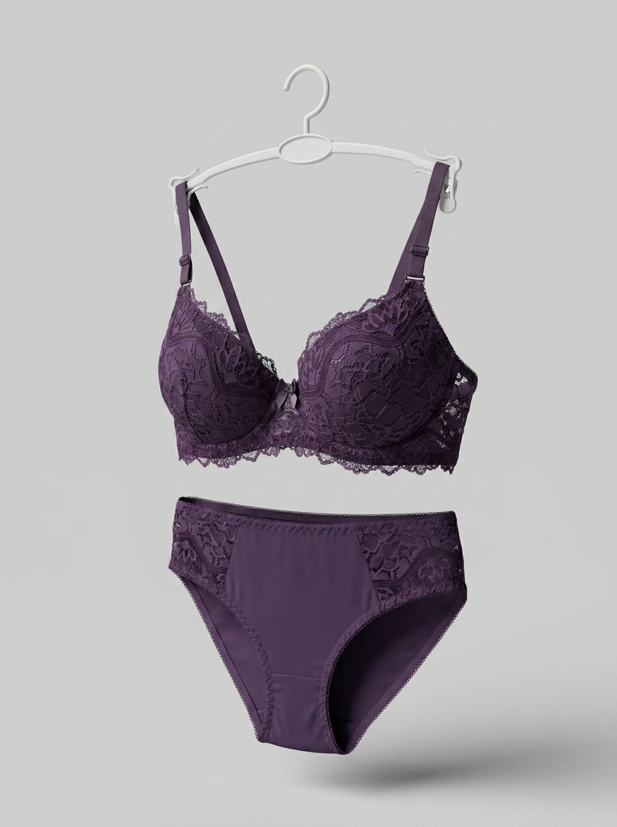 Women's Lace Underwire Bra and Matching Panty Lingerie Set – Sheer Leaf Motif Bralette &amp; Briefs&nbsp;
