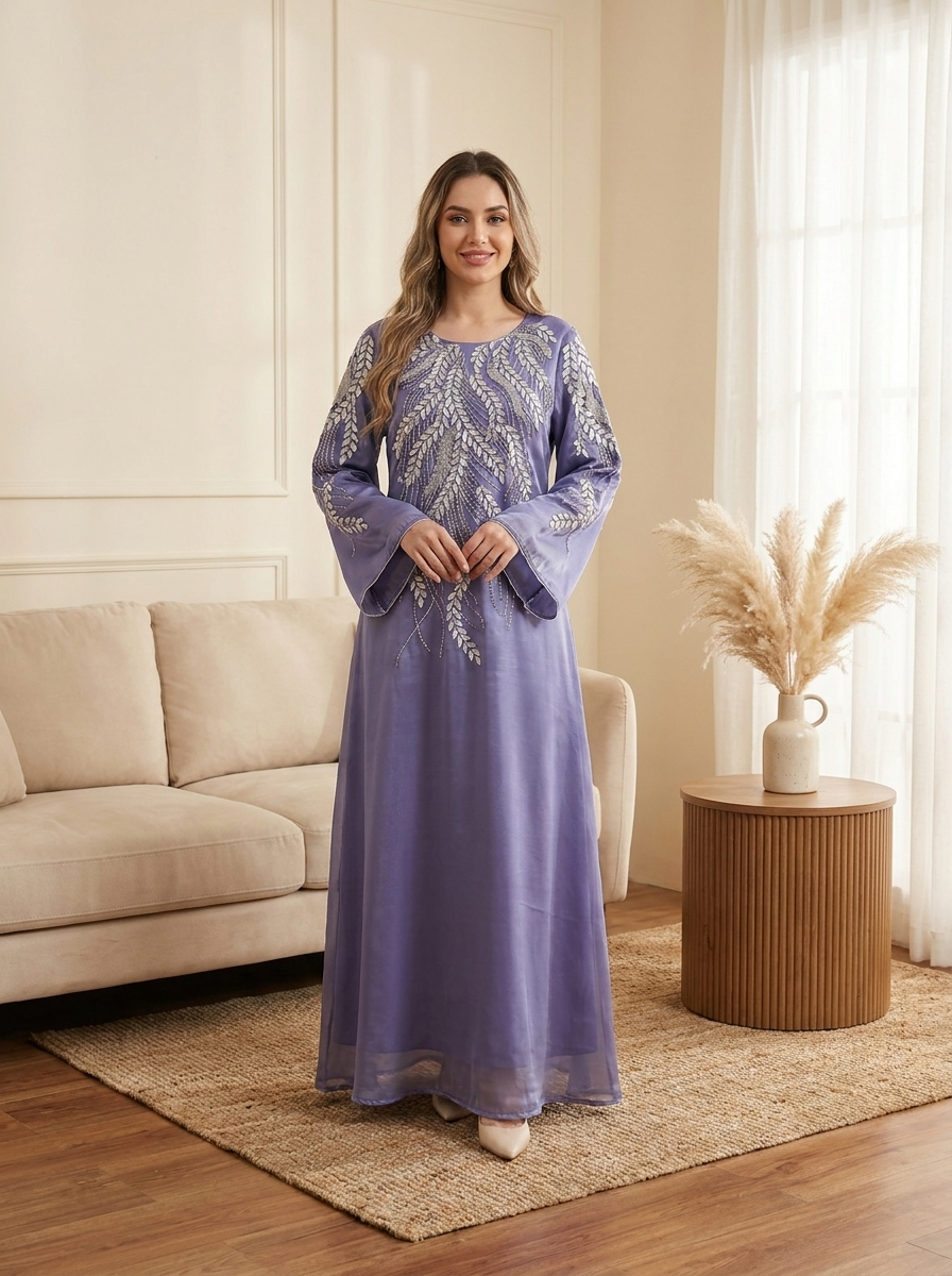 Embellished Elegant Dress with Silver Beaded Leaf Embroidery & Bell Sleeves | Modest Maxi Dress