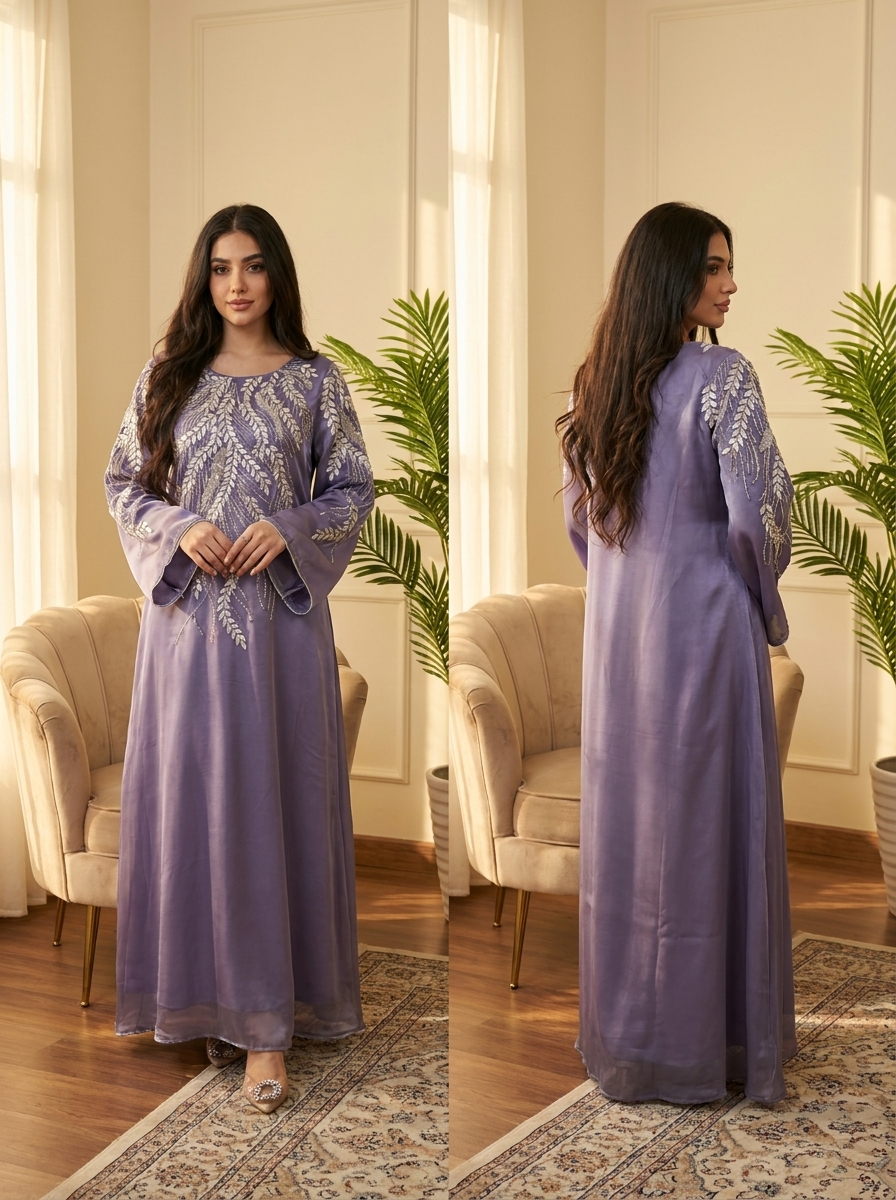 Embellished Elegant Dress with Silver Beaded Leaf Embroidery & Bell Sleeves | Modest Maxi Dress