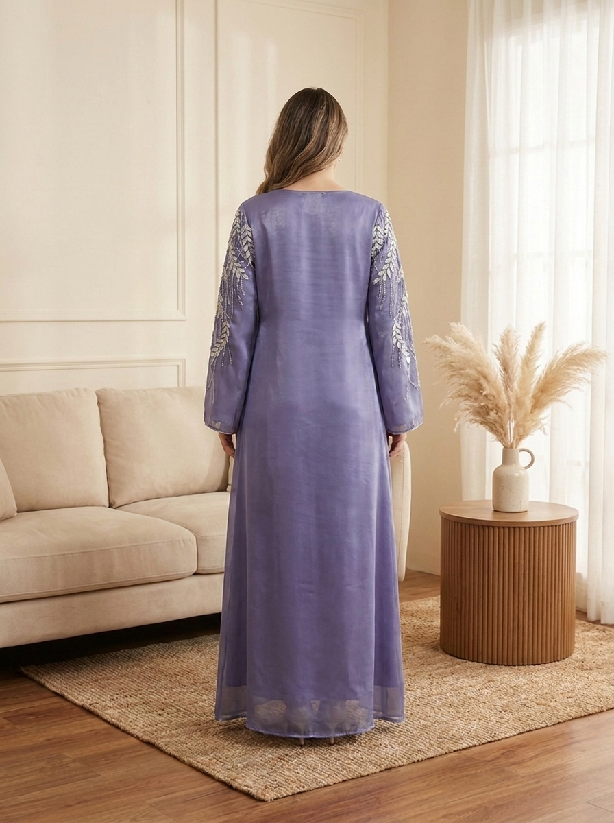 Embellished Elegant Dress with Silver Beaded Leaf Embroidery & Bell Sleeves | Modest Maxi Dress