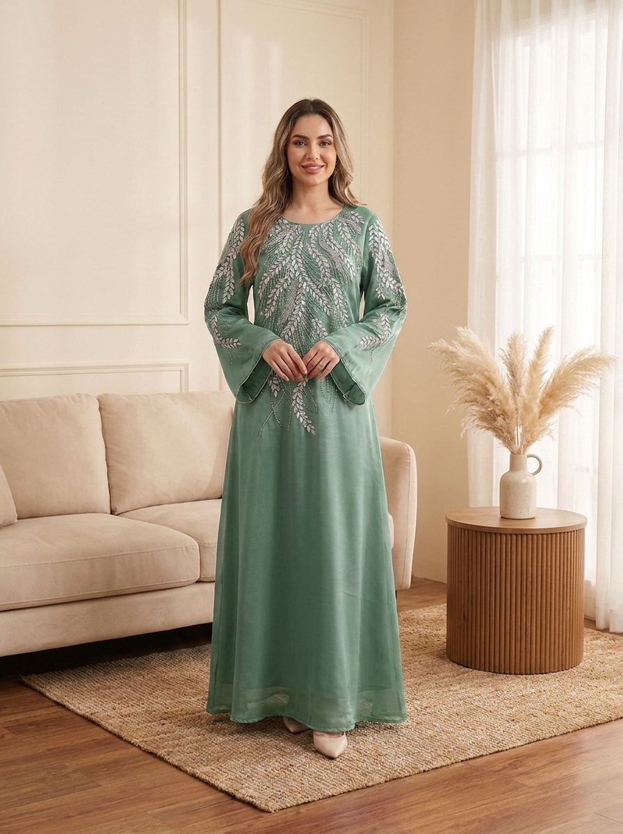 Embellished Elegant Dress with Silver Beaded Leaf Embroidery & Bell Sleeves | Modest Maxi Dress