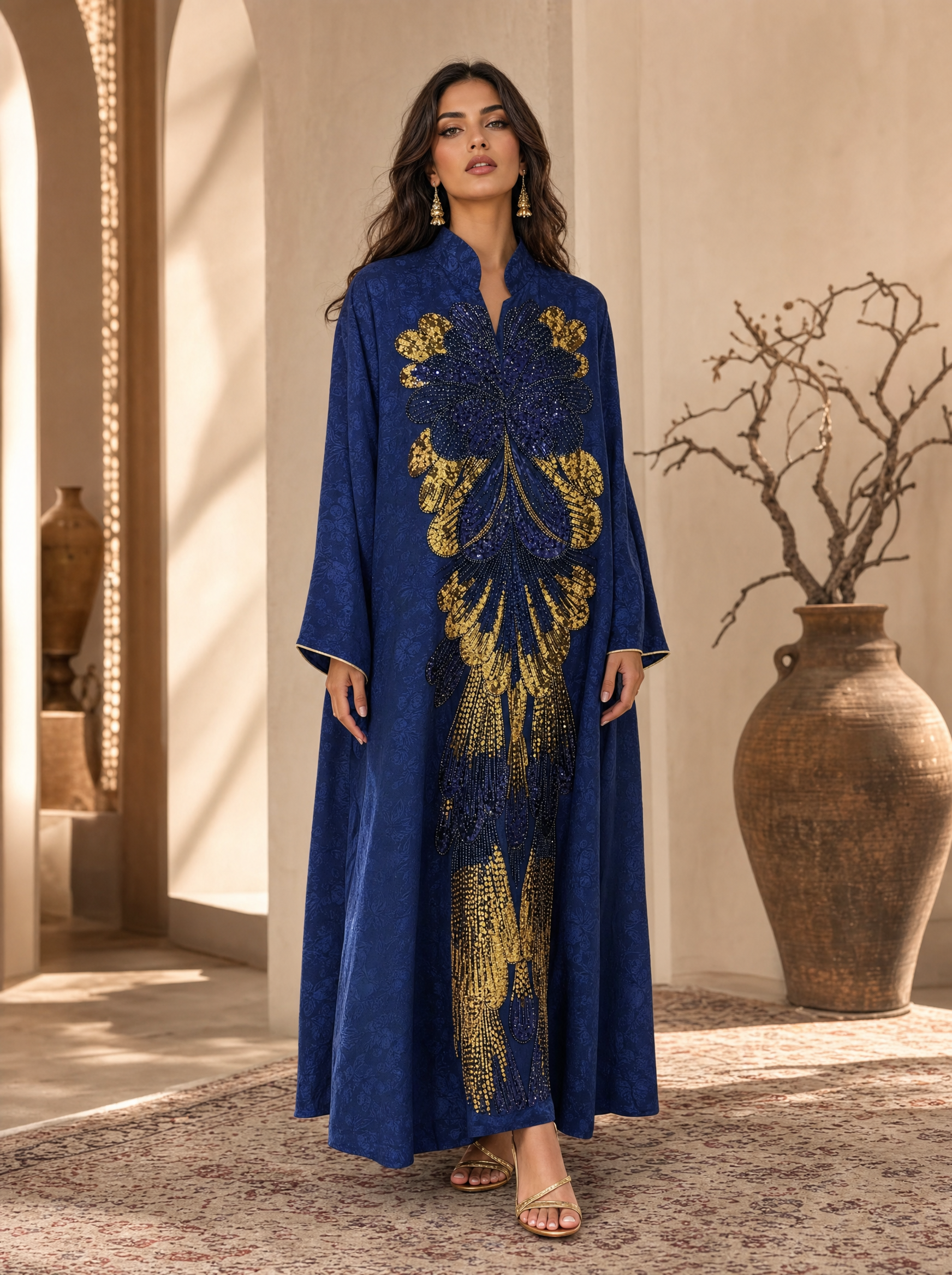 Women's Kaftan with Gold Sequin Peacock Embroidery Kaftan
