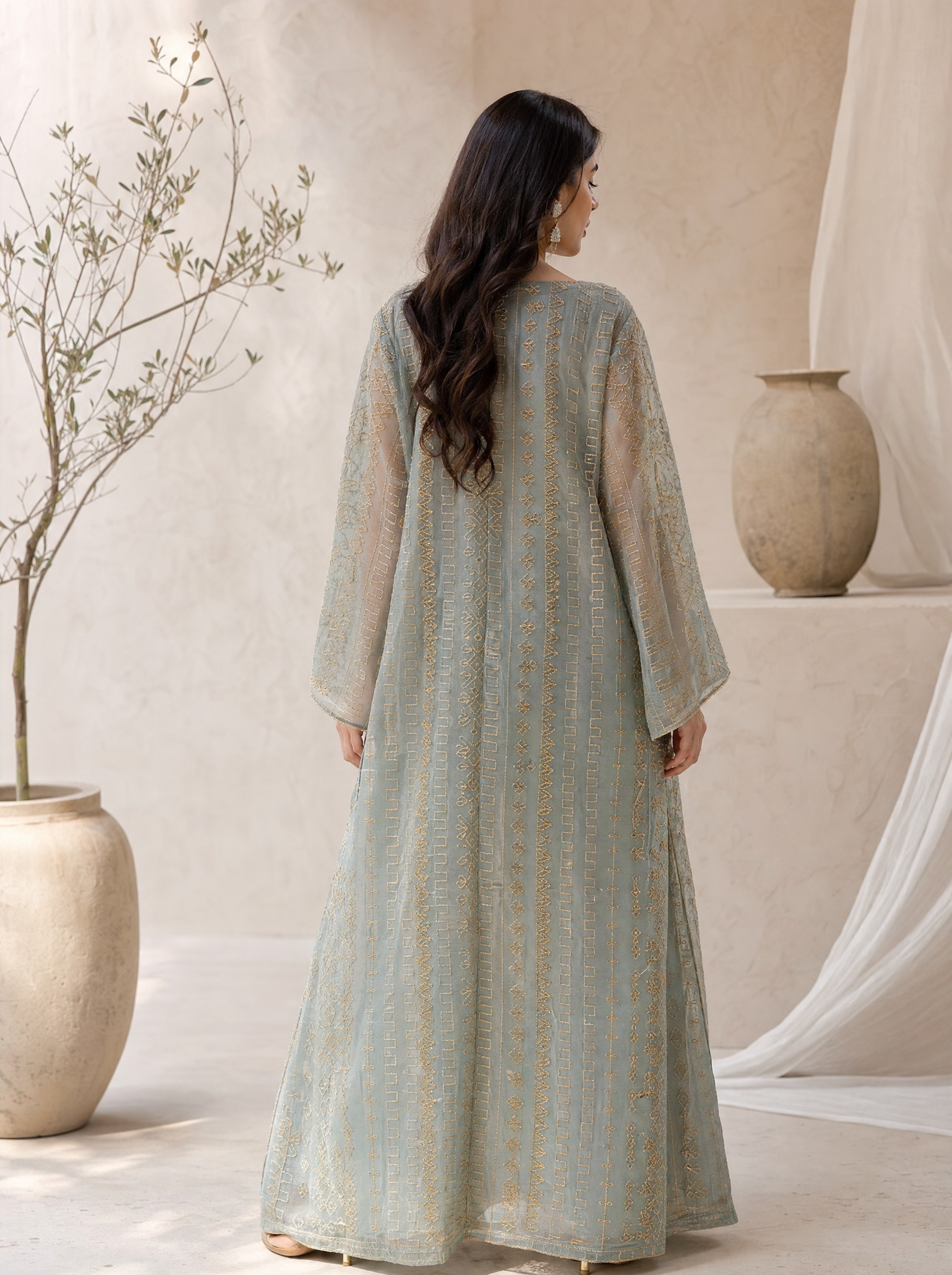 Geometric Print Kaftan with Floral Sequin Embroidery | Bell Sleeve Modest Maxi Dress