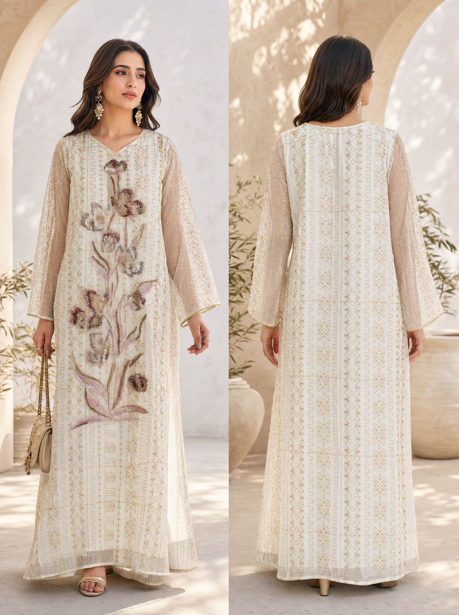 Geometric Print Kaftan with Floral Sequin Embroidery | Bell Sleeve Modest Maxi Dress