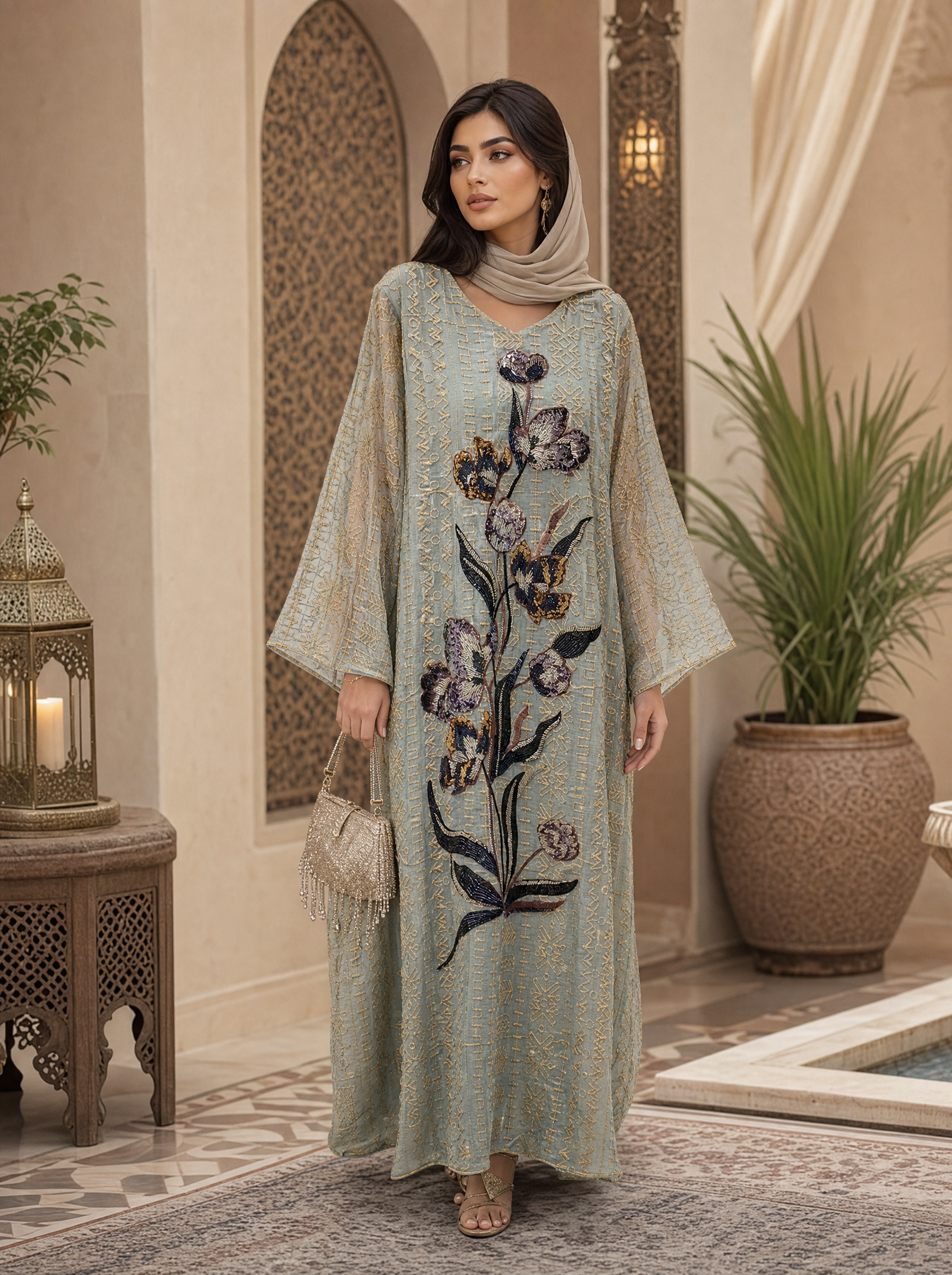 Geometric Print Kaftan with Floral Sequin Embroidery | Bell Sleeve Modest Maxi Dress