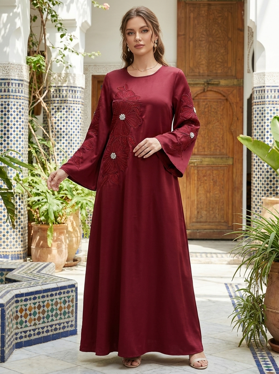 Satin Abaya with Tonal Floral Applique & Crystal Detail | Modest Maxi Dress