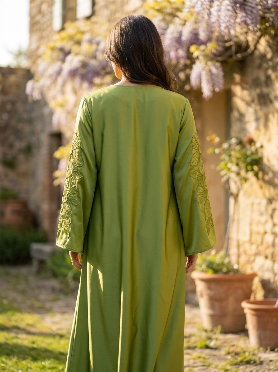 Satin Abaya with Tonal Floral Applique & Crystal Detail | Modest Maxi Dress