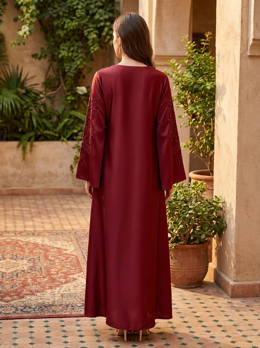 Satin Abaya with Tonal Floral Applique & Crystal Detail | Modest Maxi Dress