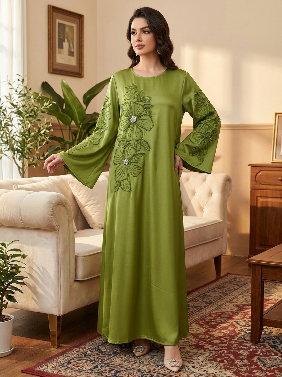 Satin Abaya with Tonal Floral Applique & Crystal Detail | Modest Maxi Dress