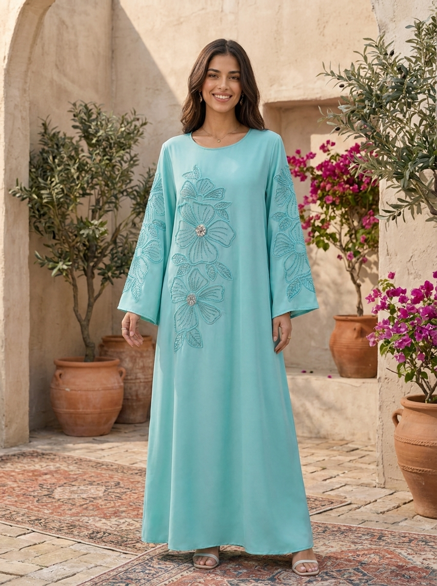 Satin Abaya with Tonal Floral Applique & Crystal Detail | Modest Maxi Dress