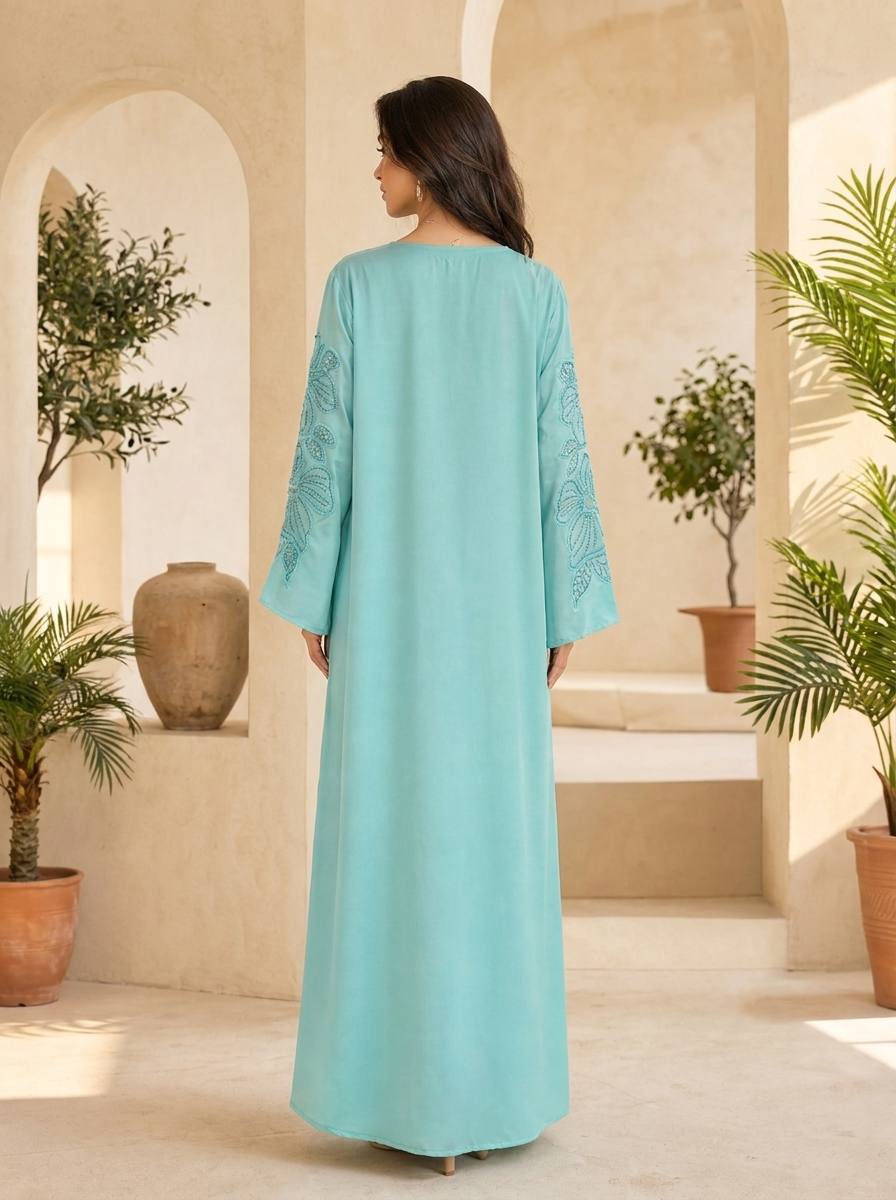 Satin Abaya with Tonal Floral Applique & Crystal Detail | Modest Maxi Dress