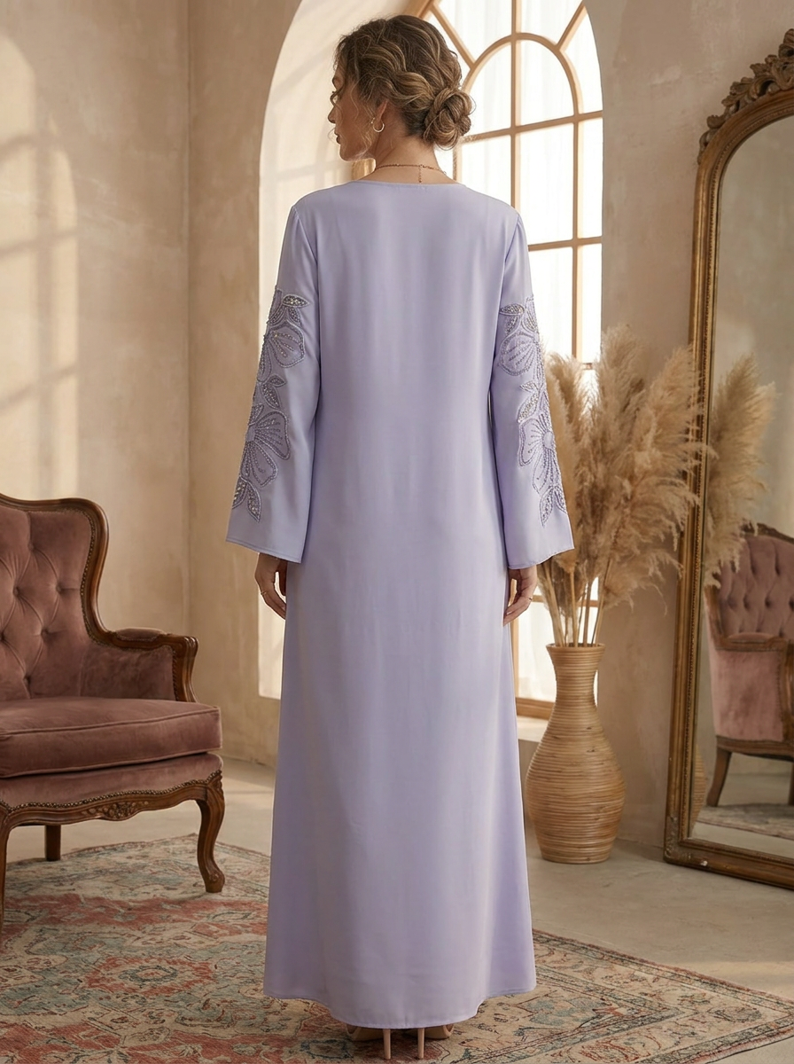 Satin Abaya with Tonal Floral Applique & Crystal Detail | Modest Maxi Dress