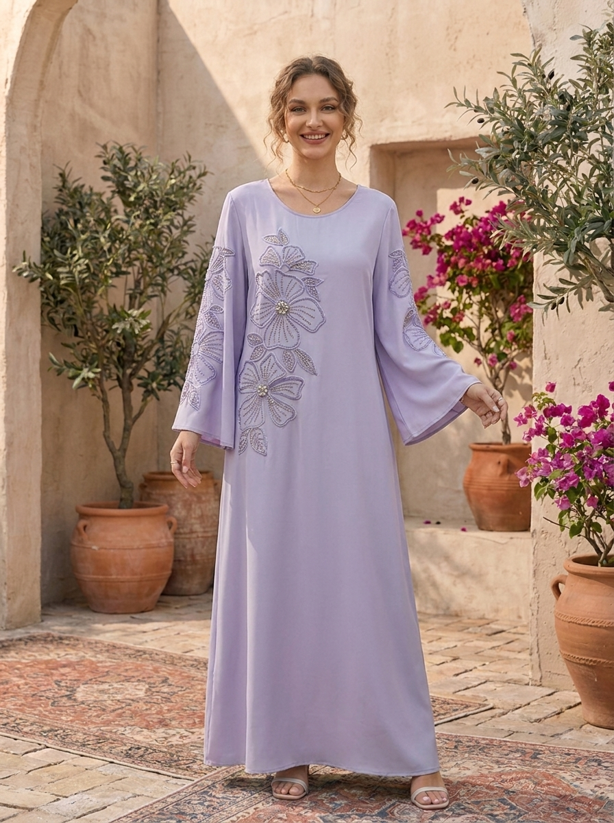 Satin Abaya with Tonal Floral Applique & Crystal Detail | Modest Maxi Dress