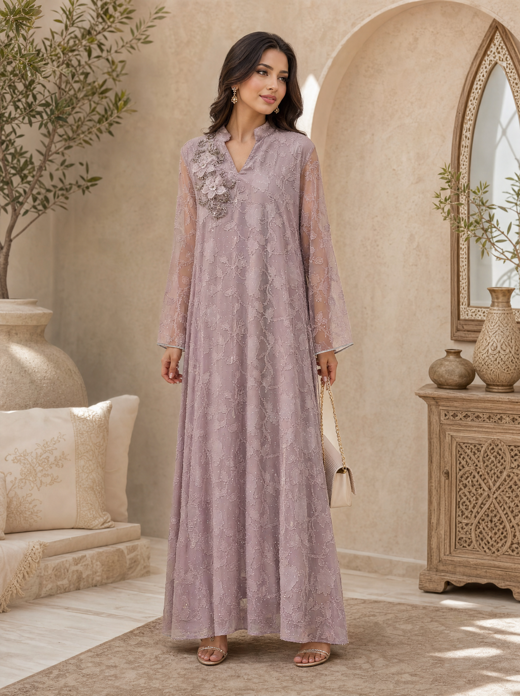 Jacquard Floral Abaya with Embellished Shoulder Applique | Modest Maxi Dress