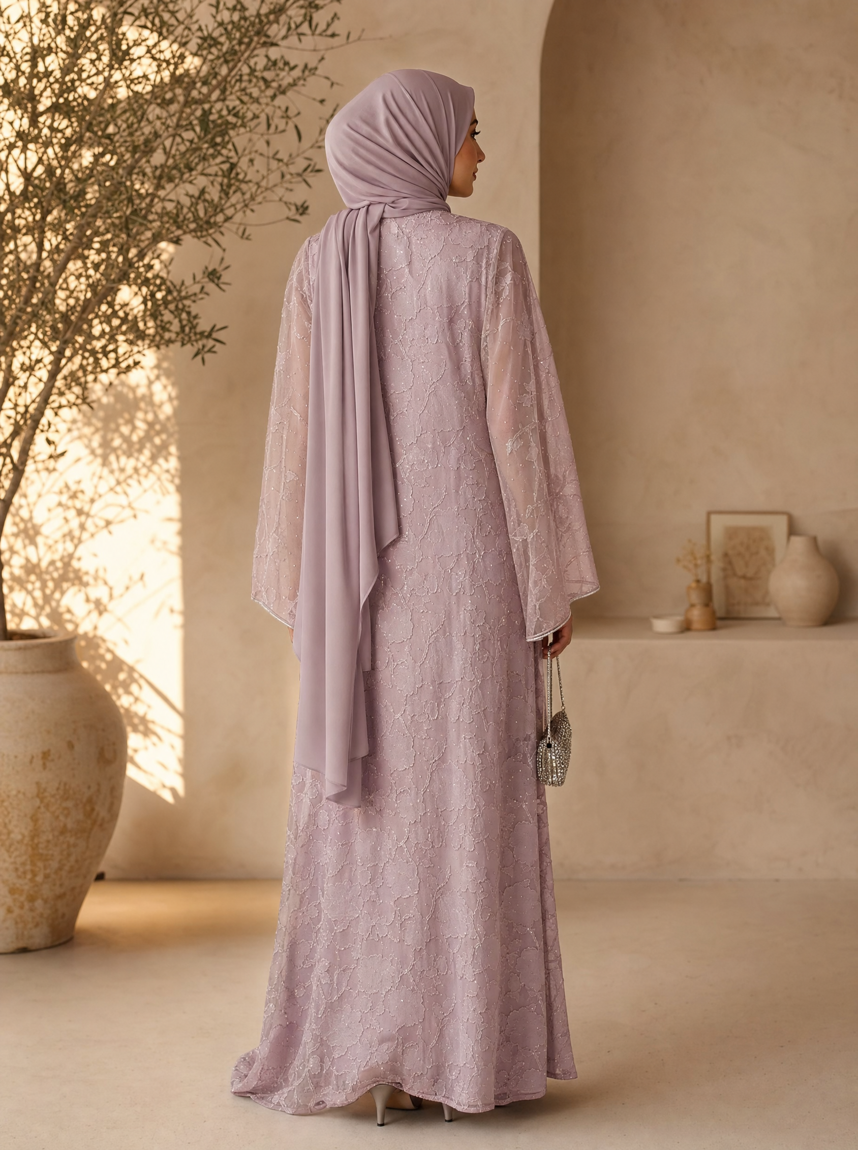 Jacquard Floral Abaya with Embellished Shoulder Applique | Modest Maxi Dress