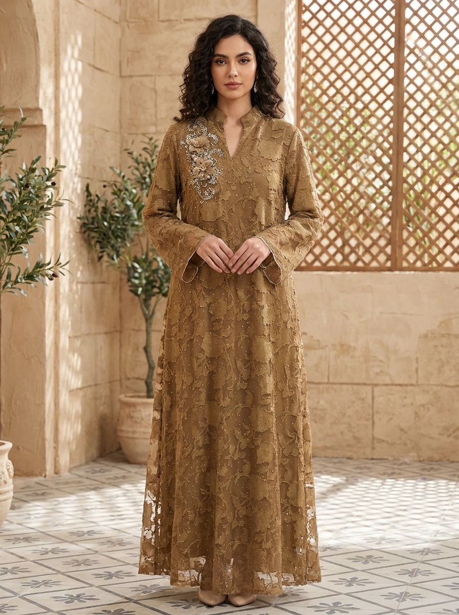 Jacquard Floral Abaya with Embellished Shoulder Applique | Modest Maxi Dress