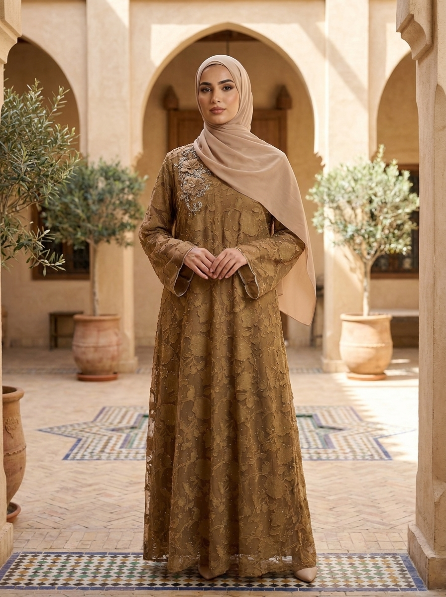 Jacquard Floral Abaya with Embellished Shoulder Applique | Modest Maxi Dress