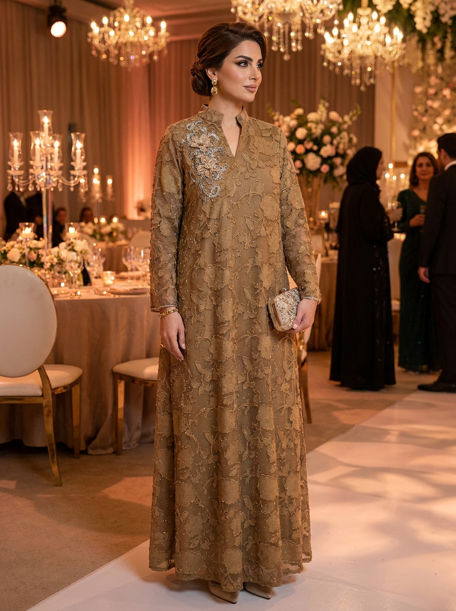 Jacquard Floral Abaya with Embellished Shoulder Applique | Modest Maxi Dress
