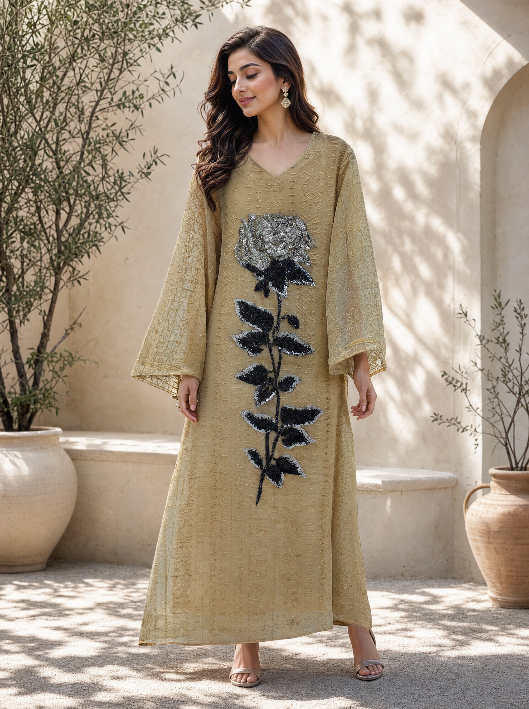 Embroidered Rose Kaftan with Geometric Foil Print | Bell Sleeve Modest Maxi Dress