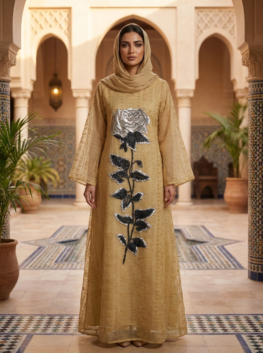 Embroidered Rose Kaftan with Geometric Foil Print | Bell Sleeve Modest Maxi Dress