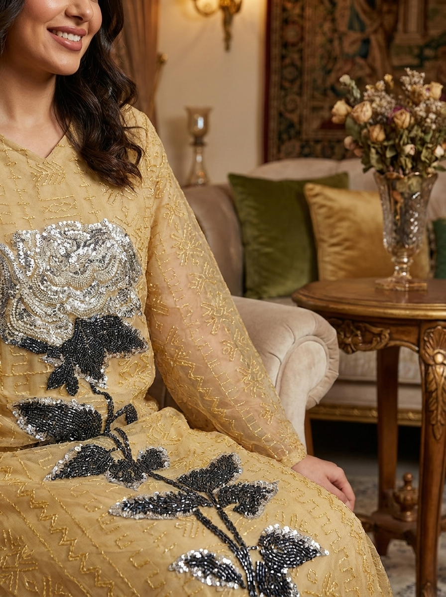Embroidered Rose Kaftan with Geometric Foil Print | Bell Sleeve Modest Maxi Dress