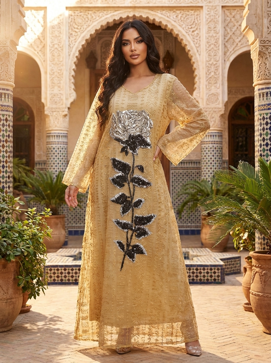 Embroidered Rose Kaftan with Geometric Foil Print | Bell Sleeve Modest Maxi Dress