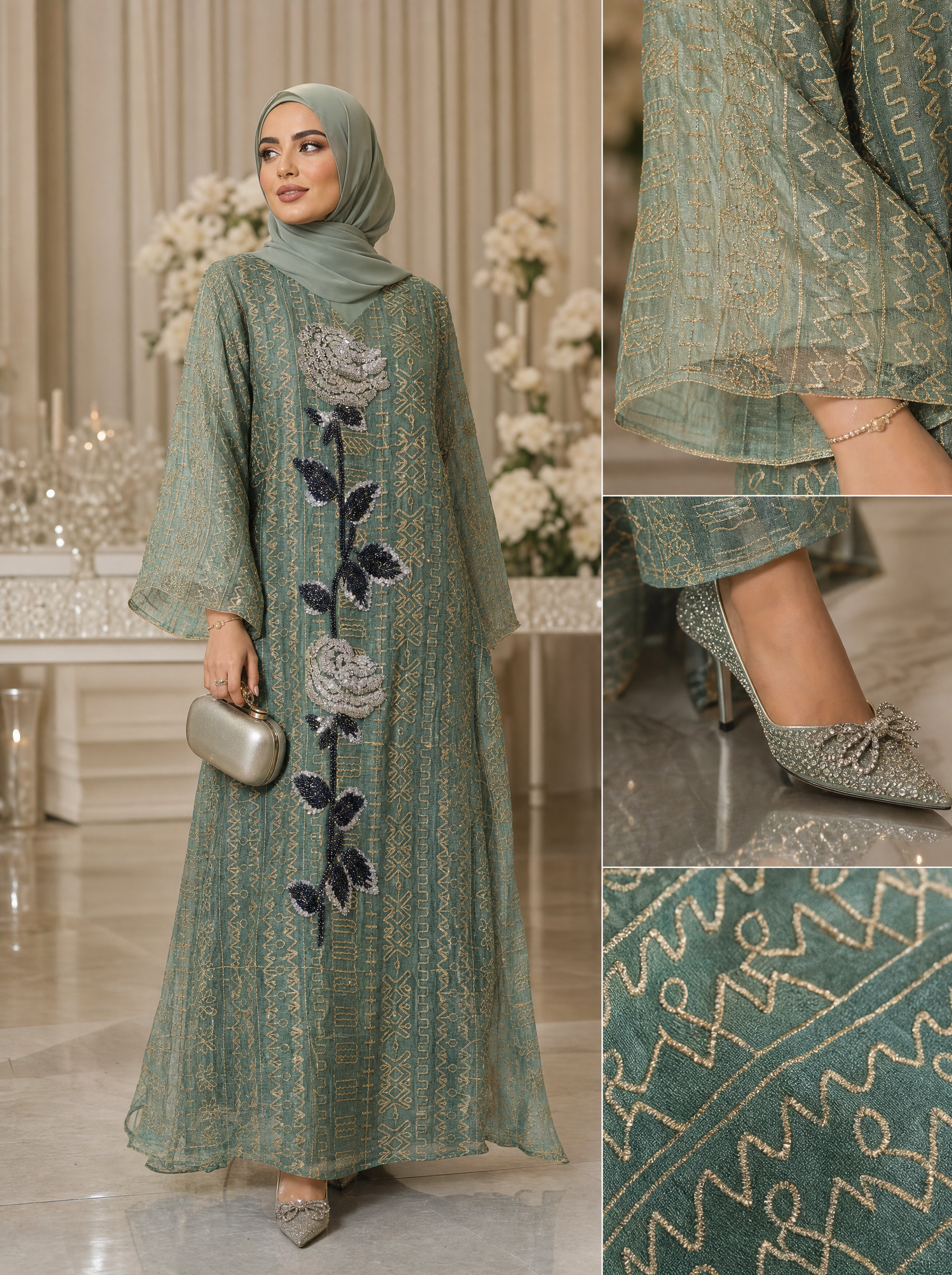 Green Embroidered Rose Kaftan with Geometric Foil Print | Bell Sleeve Modest Maxi Dress