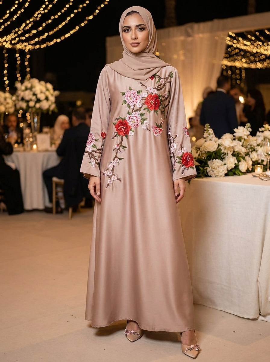 3D Floral Applique Abaya with Cherry Blossom Embroidery | Bell Sleeve Modest Maxi Dress