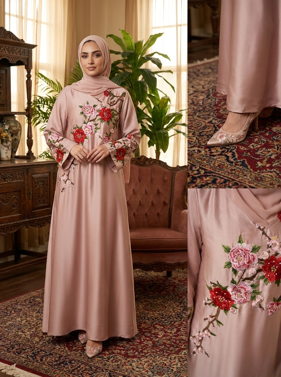3D Floral Applique Abaya with Cherry Blossom Embroidery | Bell Sleeve Modest Maxi Dress