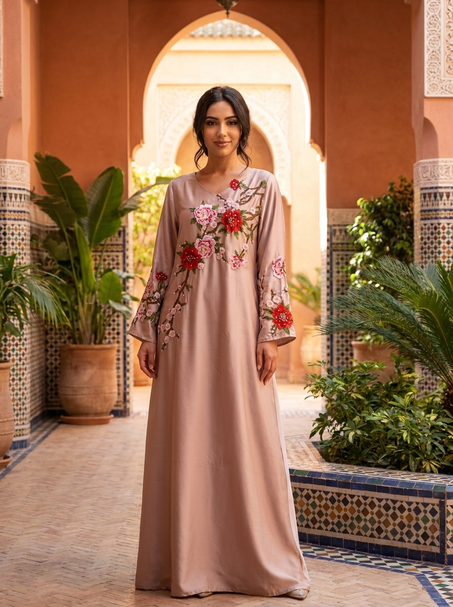 3D Floral Applique Abaya with Cherry Blossom Embroidery | Bell Sleeve Modest Maxi Dress