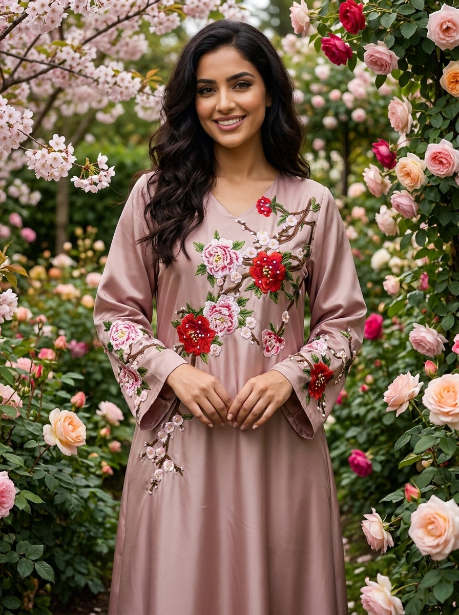 3D Floral Applique Abaya with Cherry Blossom Embroidery | Bell Sleeve Modest Maxi Dress