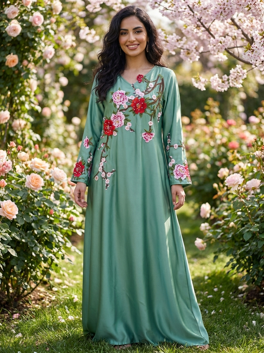 3D Floral Applique Abaya with Cherry Blossom Embroidery | Bell Sleeve Modest Maxi Dress
