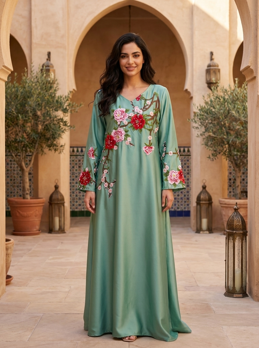 3D Floral Applique Abaya with Cherry Blossom Embroidery | Bell Sleeve Modest Maxi Dress