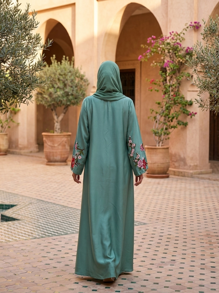3D Floral Applique Abaya with Cherry Blossom Embroidery | Bell Sleeve Modest Maxi Dress