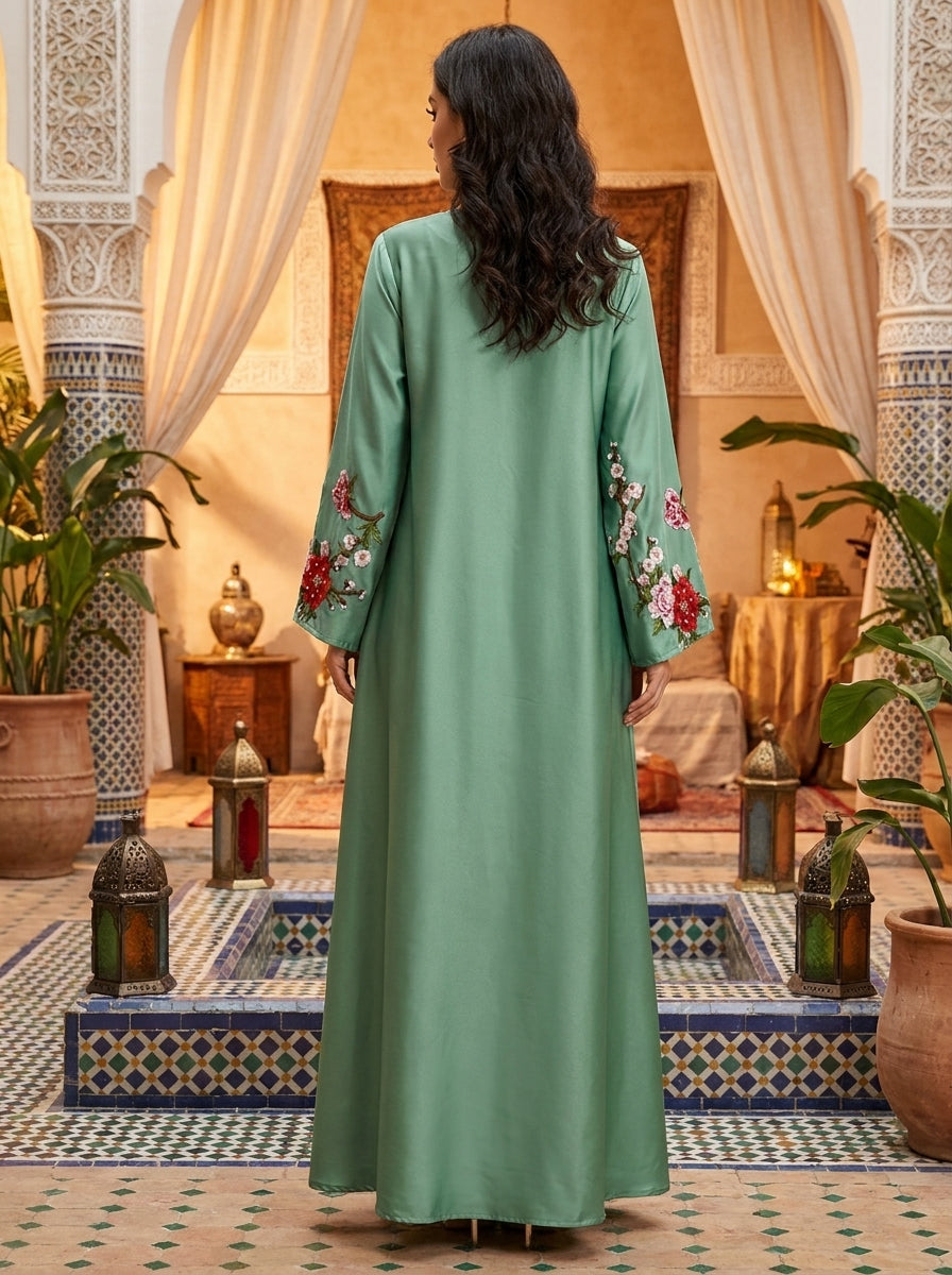 3D Floral Applique Abaya with Cherry Blossom Embroidery | Bell Sleeve Modest Maxi Dress
