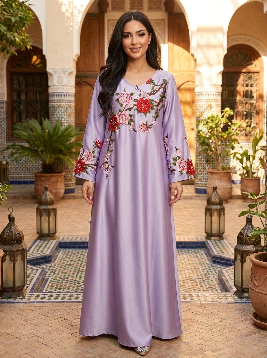 3D Floral Applique Abaya with Cherry Blossom Embroidery | Bell Sleeve Modest Maxi Dress