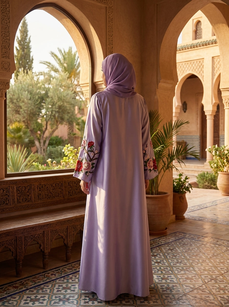3D Floral Applique Abaya with Cherry Blossom Embroidery | Bell Sleeve Modest Maxi Dress