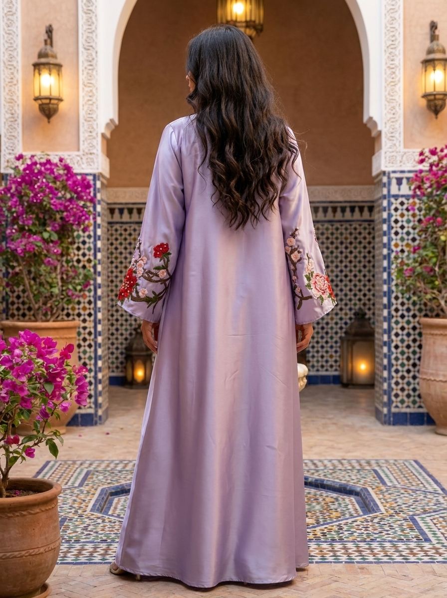 3D Floral Applique Abaya with Cherry Blossom Embroidery | Bell Sleeve Modest Maxi Dress