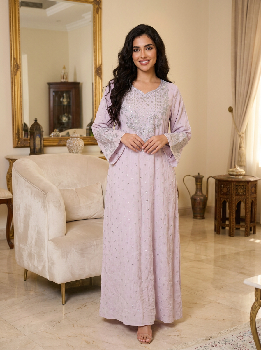 Chikankari Embroidered Jalabiya with Beaded Yoke | Long Sleeve Modest Maxi Dress