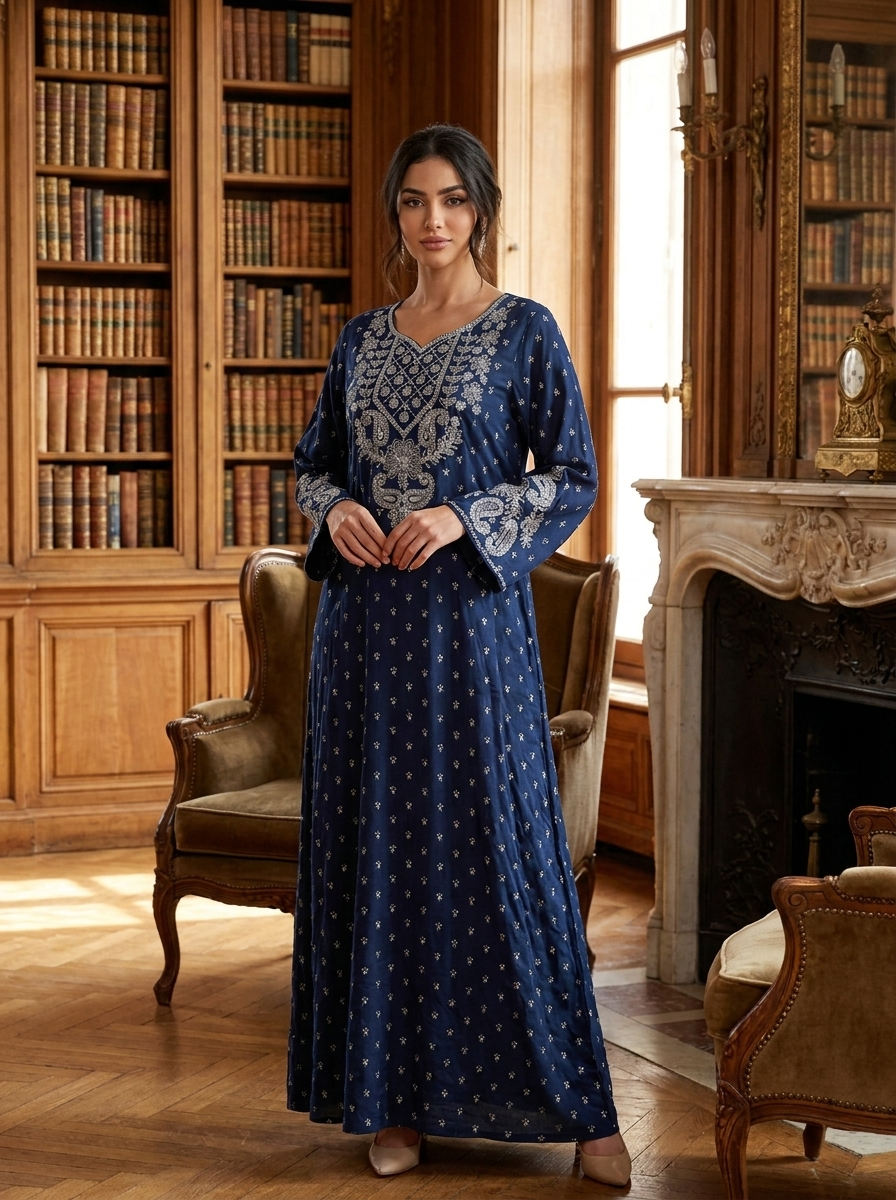 Chikankari Embroidered Jalabiya with Beaded Yoke | Long Sleeve Modest Maxi Dress