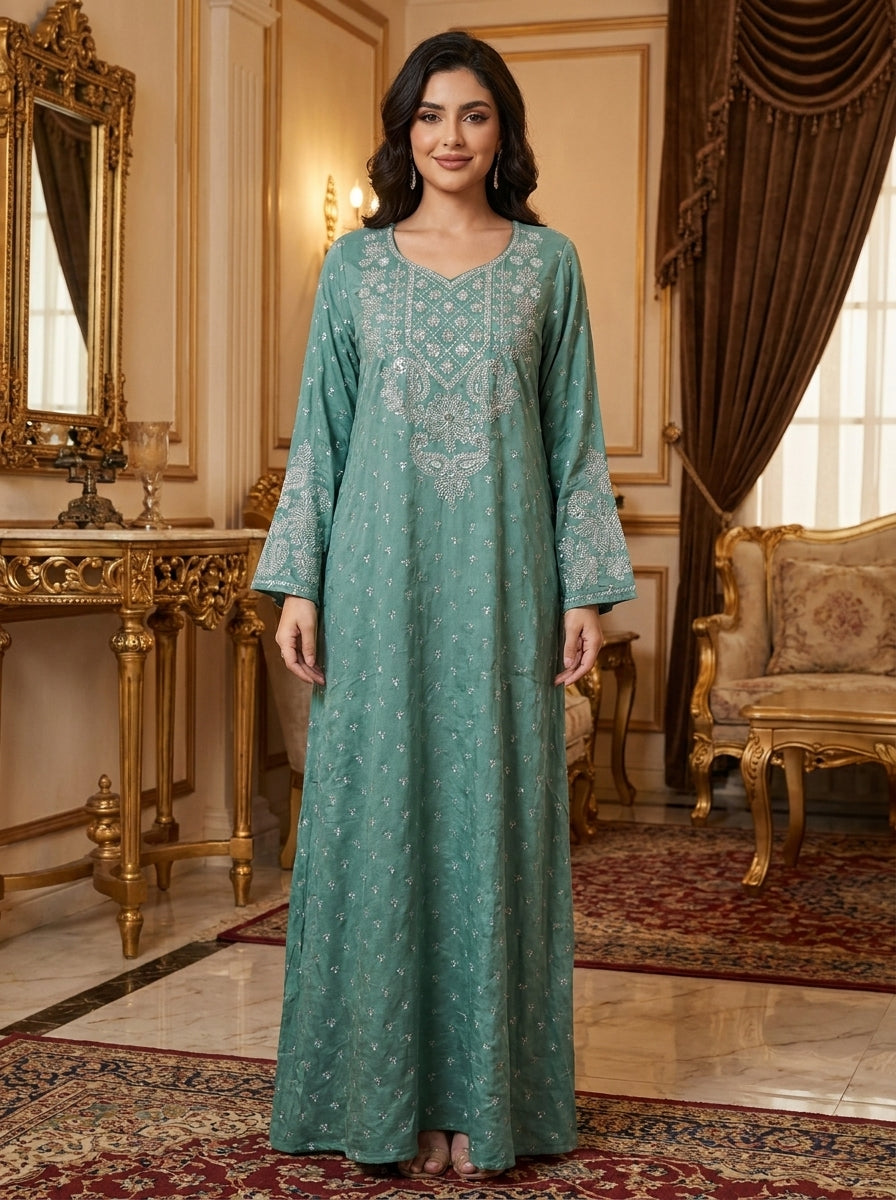 Chikankari Embroidered Jalabiya with Beaded Yoke | Long Sleeve Modest Maxi Dress