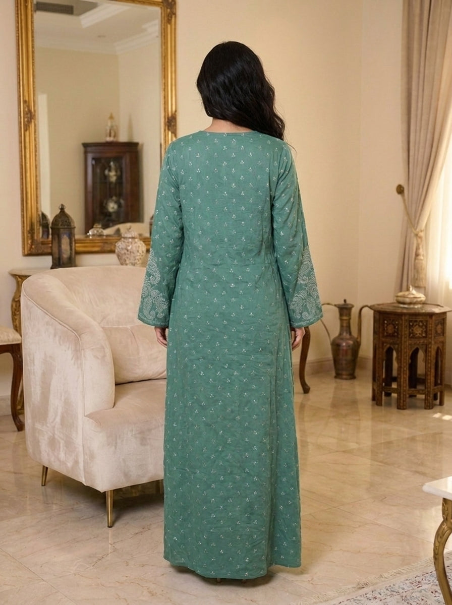 Chikankari Embroidered Jalabiya with Beaded Yoke | Long Sleeve Modest Maxi Dress