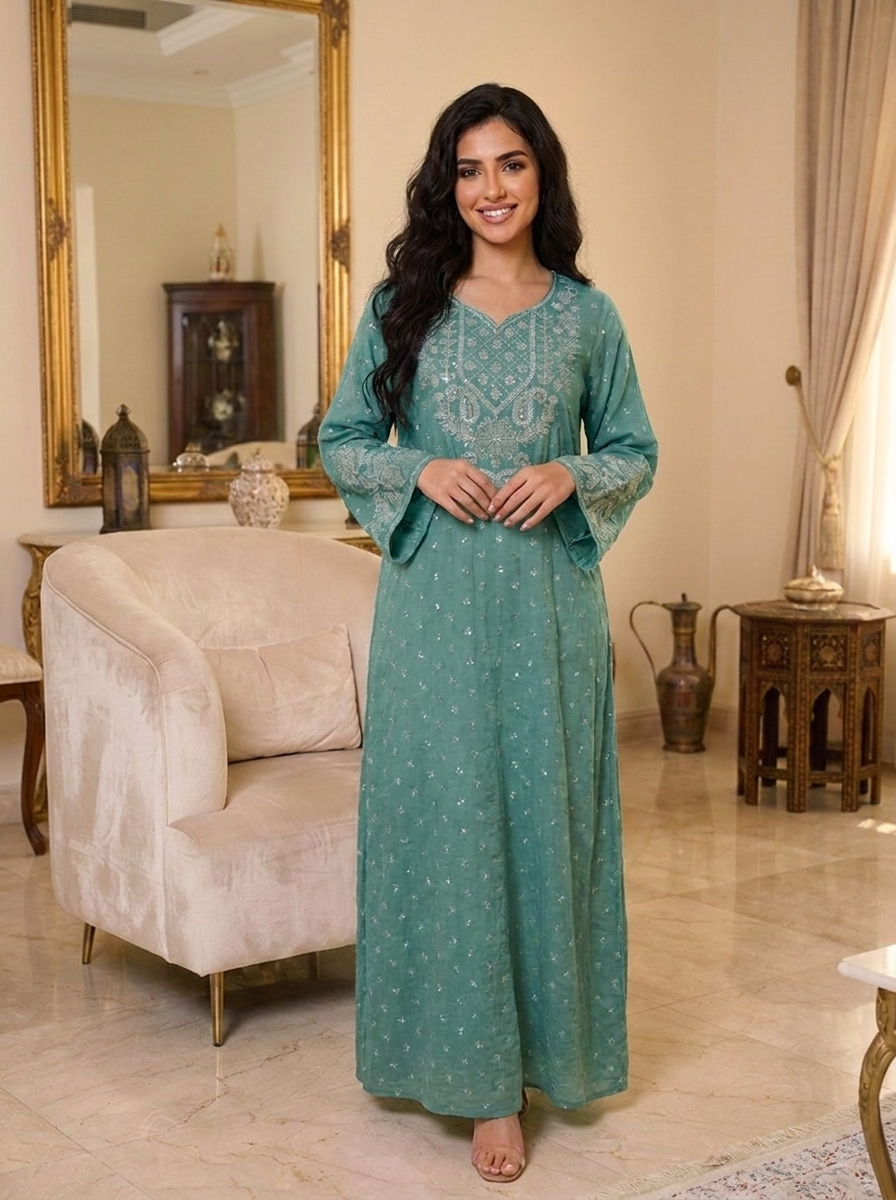 Chikankari Embroidered Jalabiya with Beaded Yoke | Long Sleeve Modest Maxi Dress