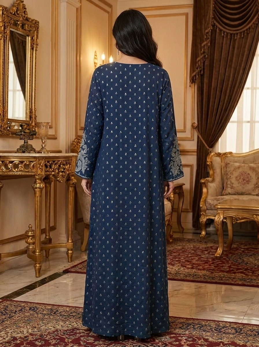 Chikankari Embroidered Jalabiya with Beaded Yoke | Long Sleeve Modest Maxi Dress