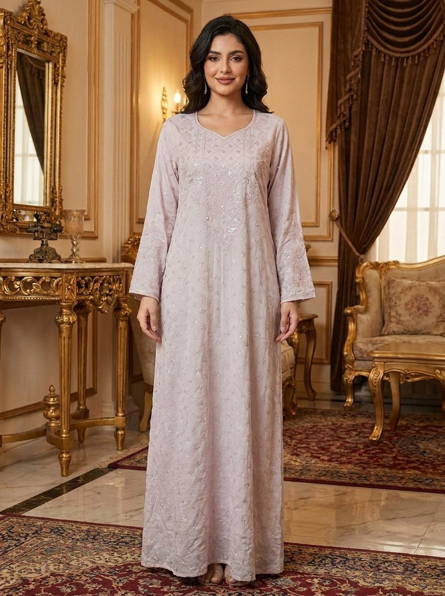 Chikankari Embroidered Jalabiya with Beaded Yoke | Long Sleeve Modest Maxi Dress