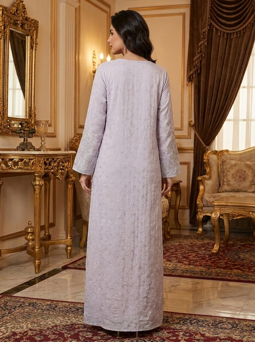 Chikankari Embroidered Jalabiya with Beaded Yoke | Long Sleeve Modest Maxi Dress